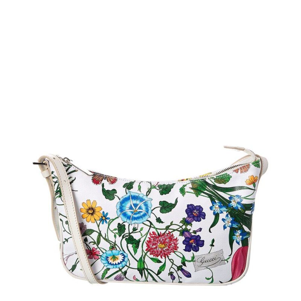 Gucci Lady Lunetta Small Flora Canvas & Leather Shoulder Bag, White
